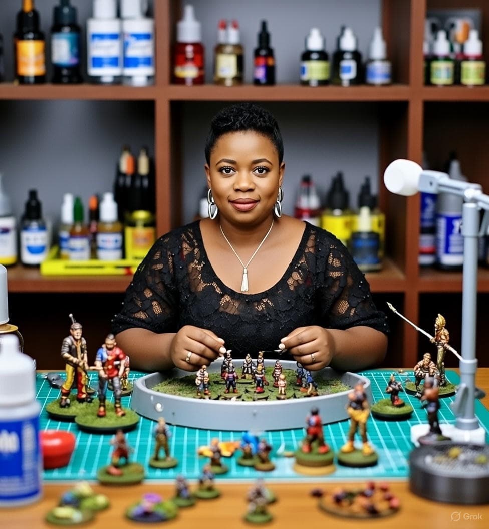 Rashy Michaels painting miniatures at her workbench